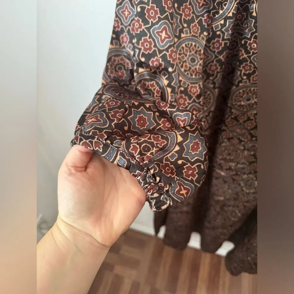 V. DE. VINSTER Midi Length Geometric Dress 100% Silk Size Medium Boho LagenLook